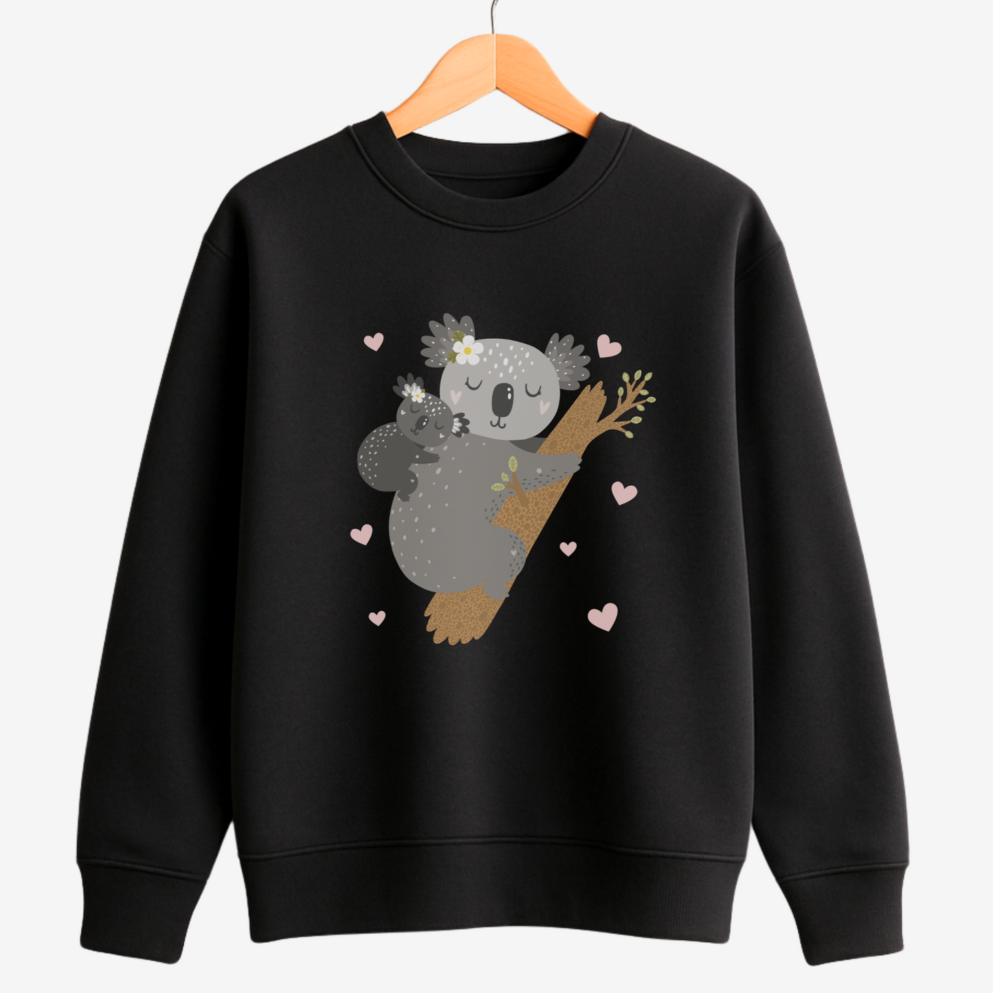 Black sweatshirt with a koala design on a white background