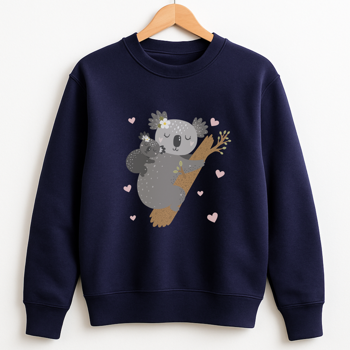 Navy blue sweatshirt with a koala design on a white background