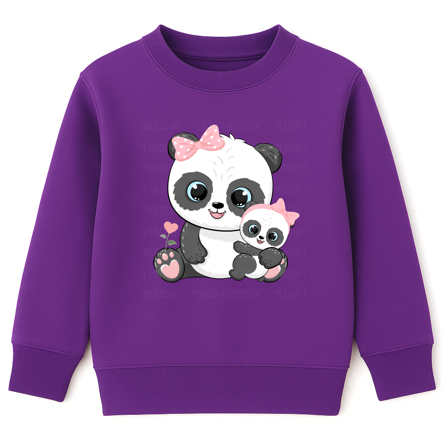 Girls purple sweatshirt with mum and baby panda graphic with pink bows, cute kids light-weight sweatshirt.