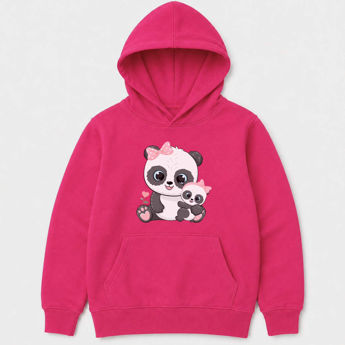 Hot pink girls’ hoodie featuring a mum and baby panda design with pink bows and heart details.