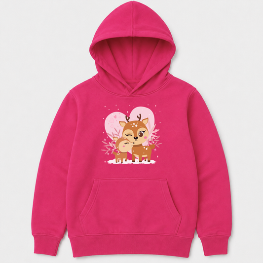 Hot pink girls hoodie featuring a mother and baby reindeer surrounded by a pink heart, winter foliage and snow.
