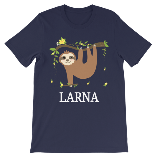 Navy personalised girls sloth T-shirt featuring a smiling sloth hanging from a leafy branch with yellow flowers and the name Larna printed underneath