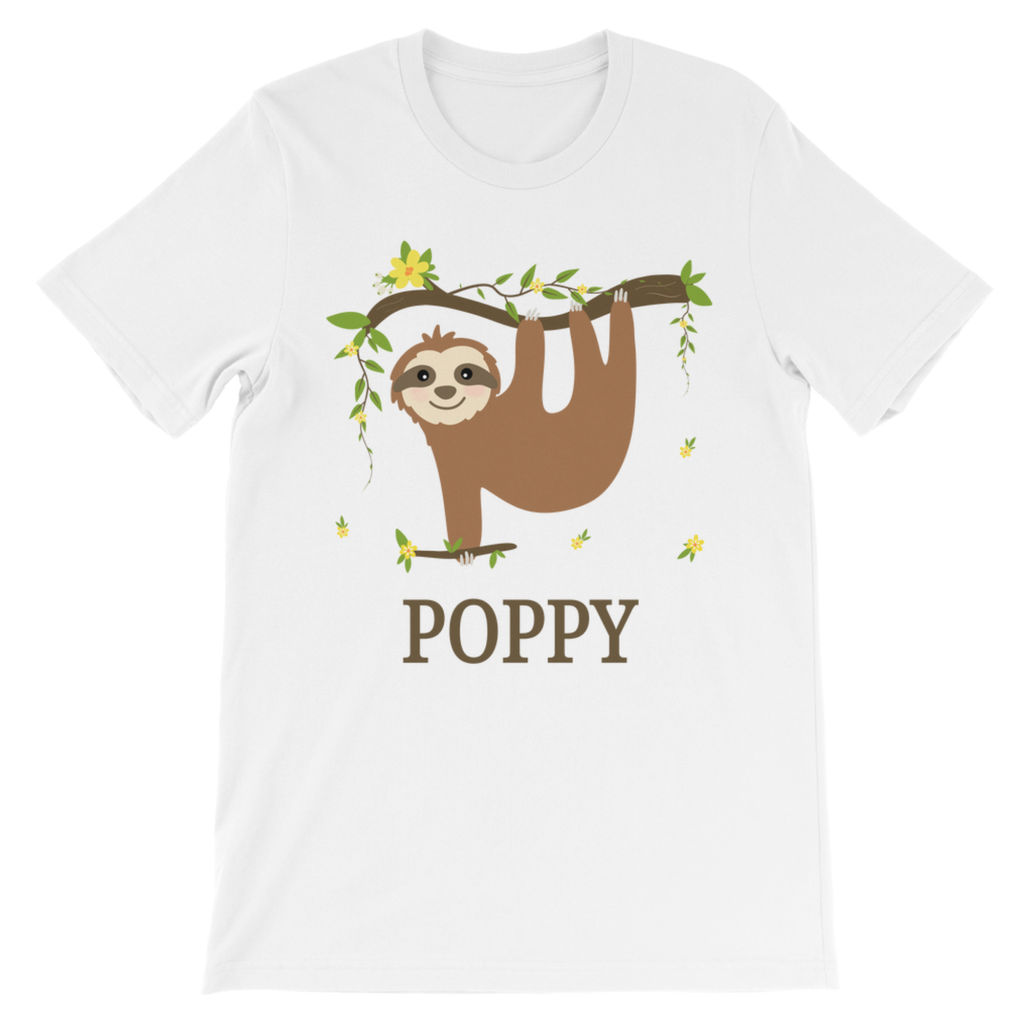 White personalised girls sloth T-shirt featuring a smiling sloth hanging from a leafy branch with yellow flowers and the name Poppy printed underneath