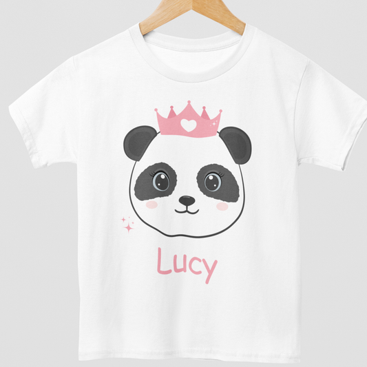 Personalised panda princess girls t-shirt on hanger with custom name