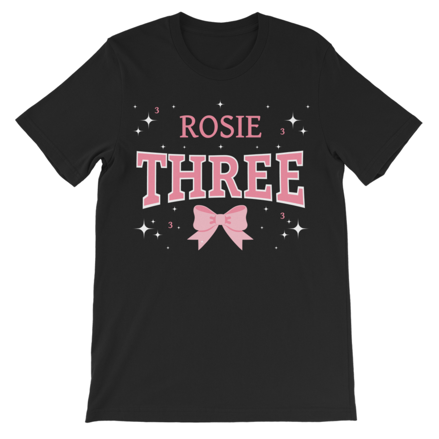 Girls personalised “Three” birthday T-shirt with pink bow and stars graphic - black cotton tee.