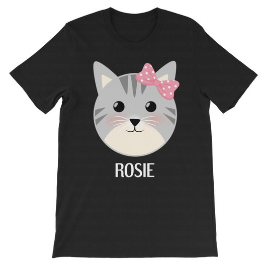 Girls T-shirt in black with cute cat pink bow illustration, children’s graphic tee shown flat lay.