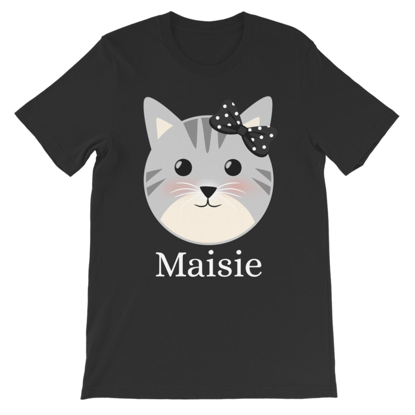 Girls custom name black t-shirt featuring a grey kitten face and black polka-dot with girls name printed underneath the design