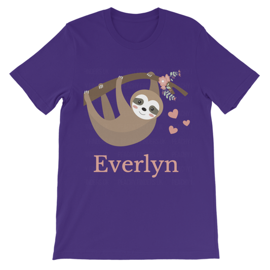 Purple girls T-shirt with a smiling hanging sloth, floral branch and pink hearts, and the name “Everlyn” printed in peach text below the design.