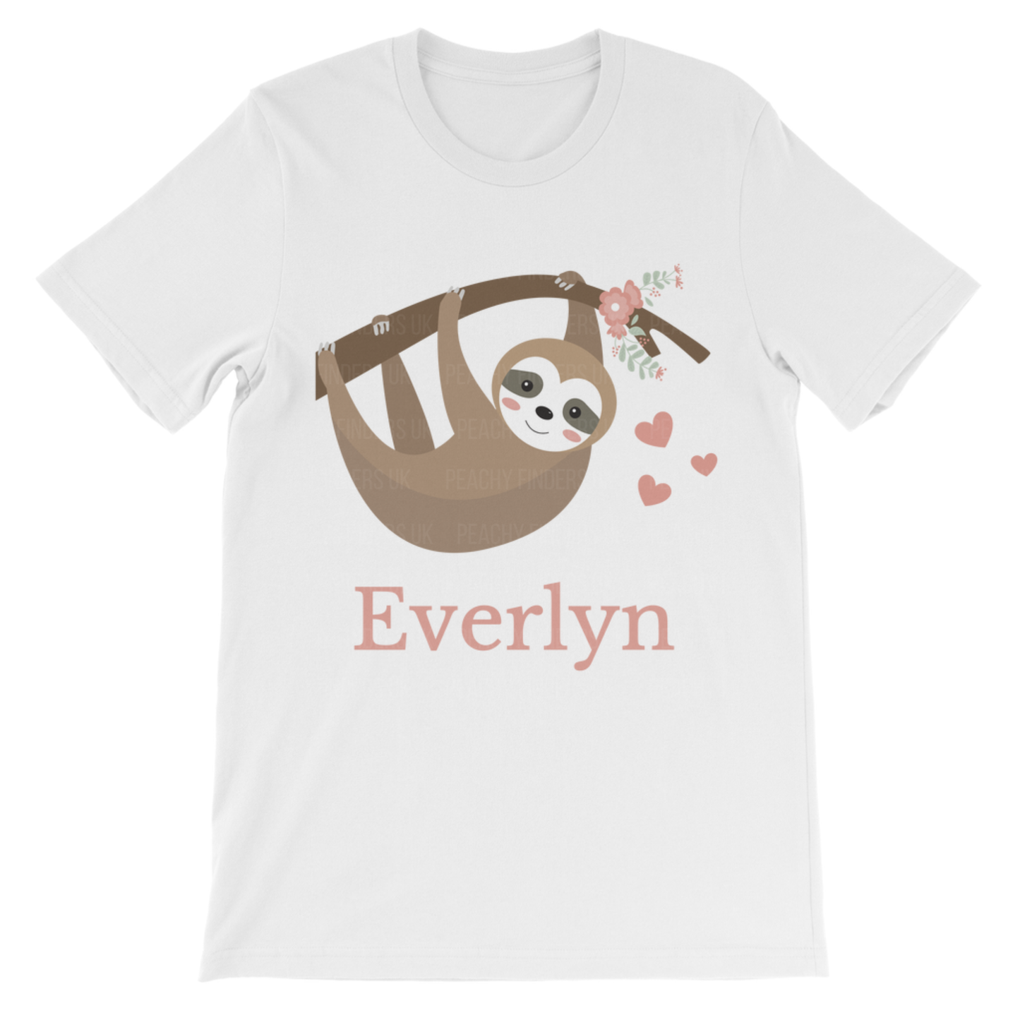 White personalised girls sloth t-shirt featuring a cute hanging sloth illustration with hearts and the name “Everlyn” printed underneath