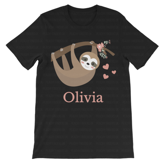 Black t-shirt with a sloth and floral design and 'Olivia' text.