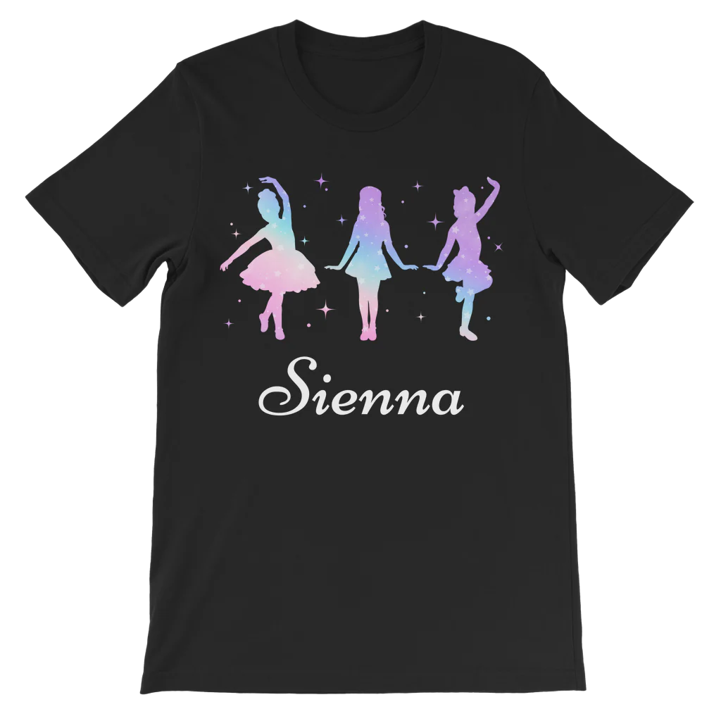 Girls black dance t-shirt featuring three colourful dancer silhouettes and the name “Bethany” printed on the front