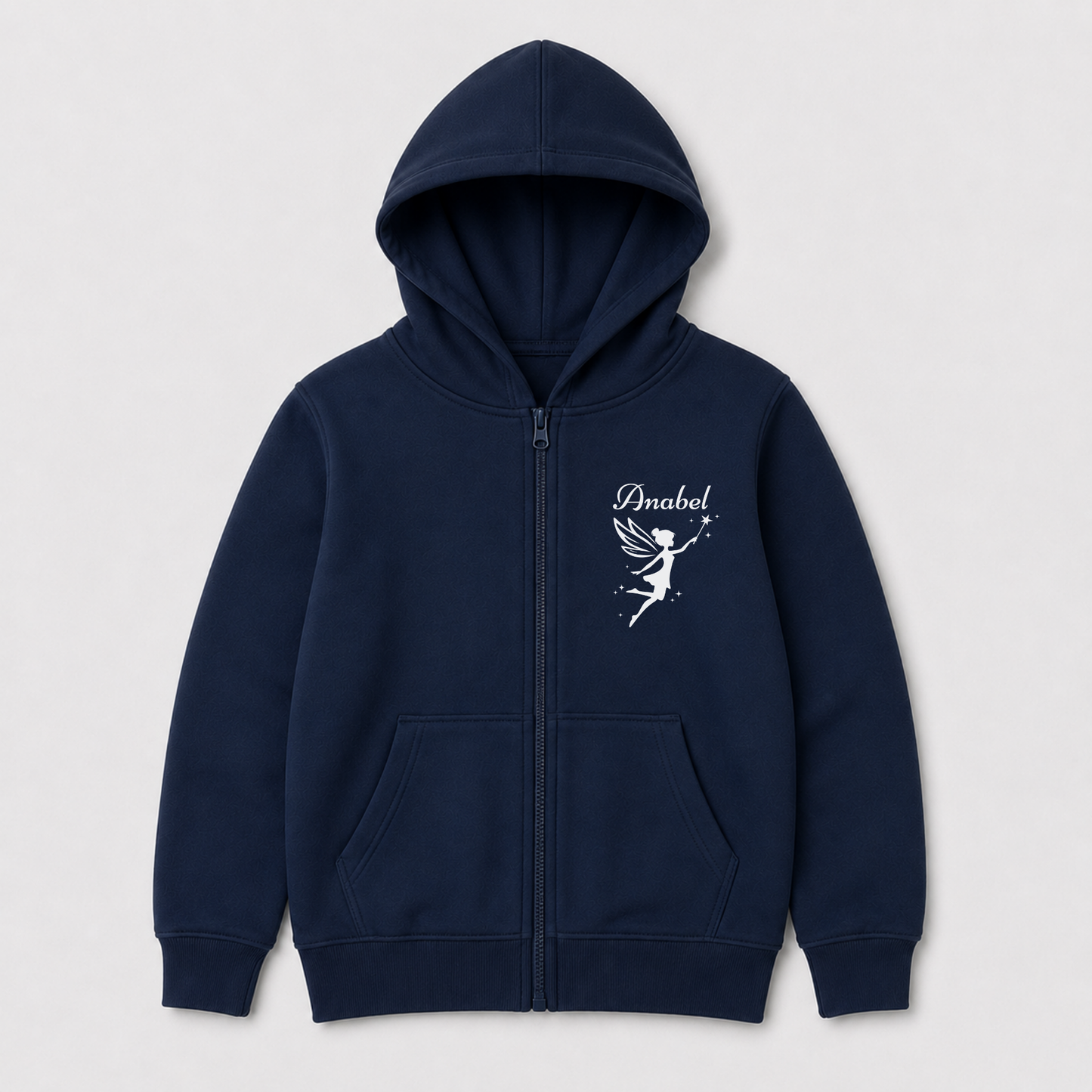 Navy girls’ personalised zip-up hoodie with the name Anabel and a white flying fairy holding a sparkling wand.