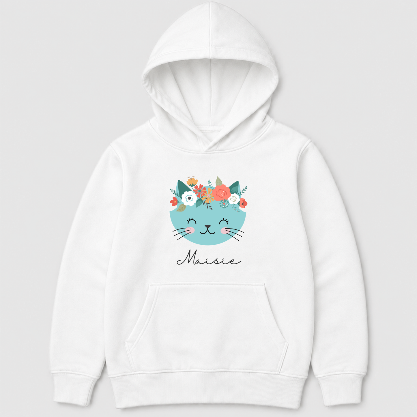 Girls Personalised Blue Floral Cat Hoodie (3-13 yrs)