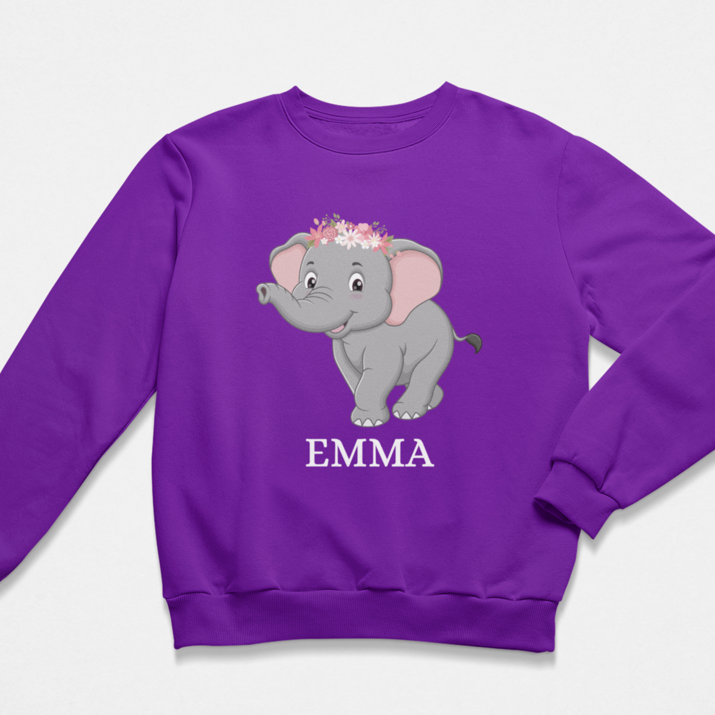 Purple girls personalised elephant sweatshirt with flower crown graphic and Emma text