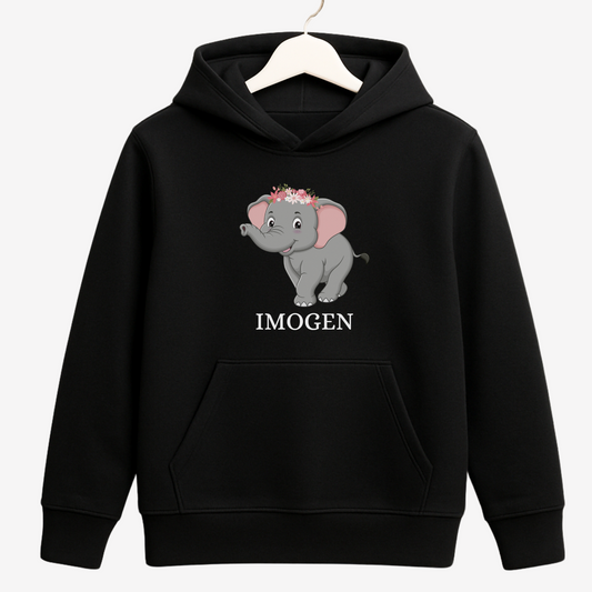 Black hoodie with an elephant graphic and 'IMOGEN' text on a white background