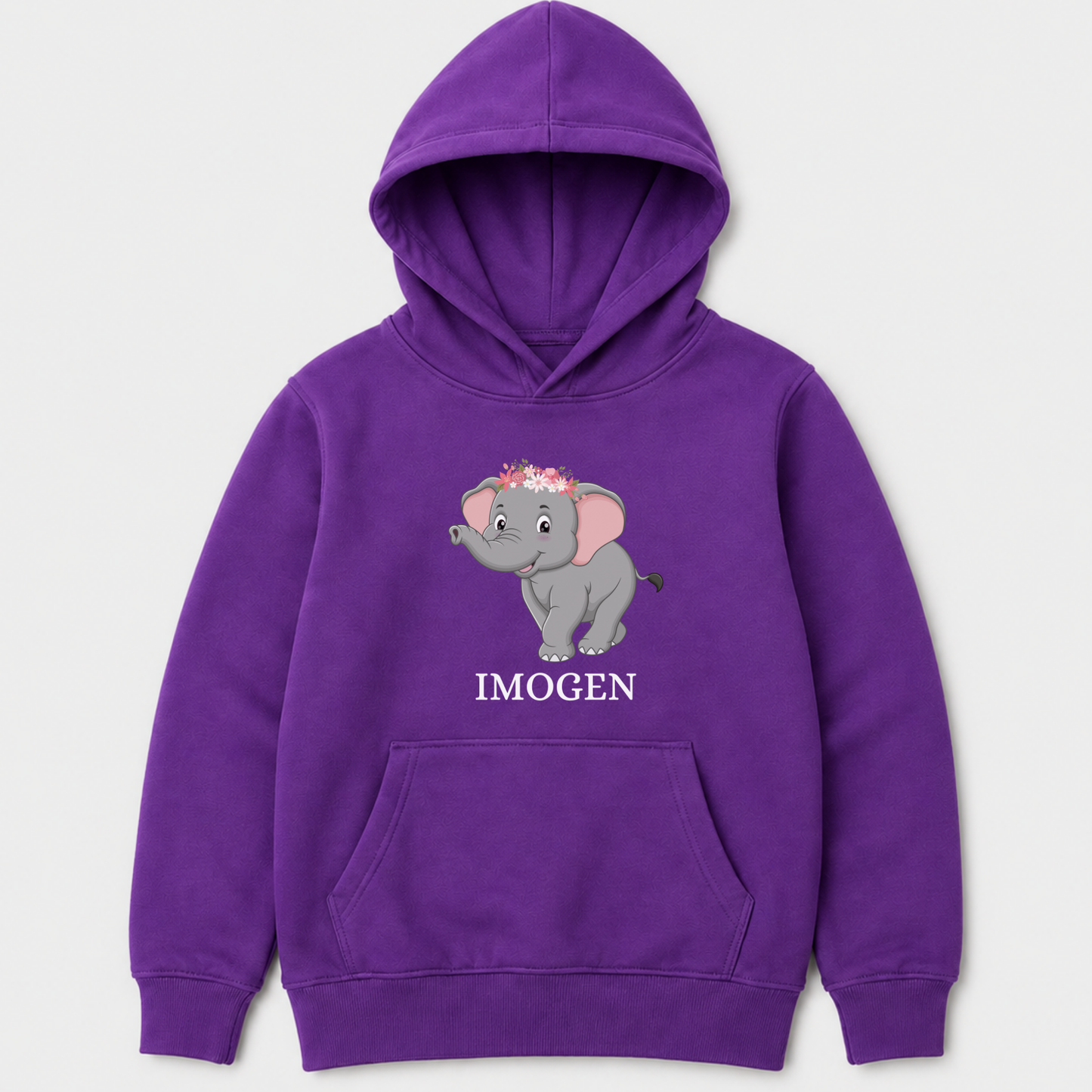 Girls purple hoodie with an elephant graphic and custom name 'IMOGEN' printed underneath