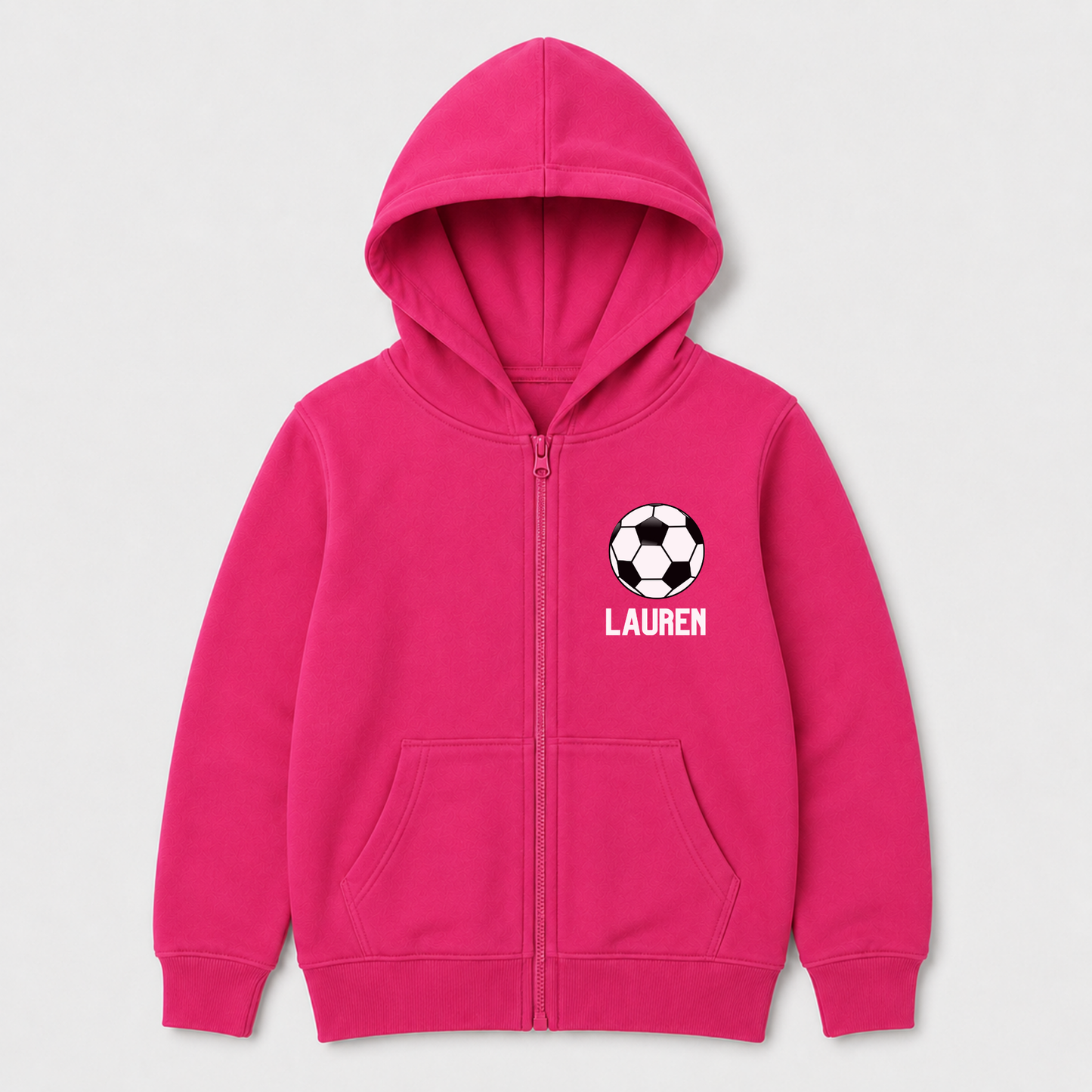 Hot pink girls personalised football zip hoodie with custom name Lauren and football badge-style front print.