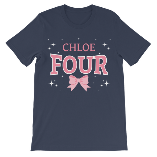 Girls navy t-shirt featuring a printed graphic of large text 'Four' pink and white and pink bow and stars with personalised name.