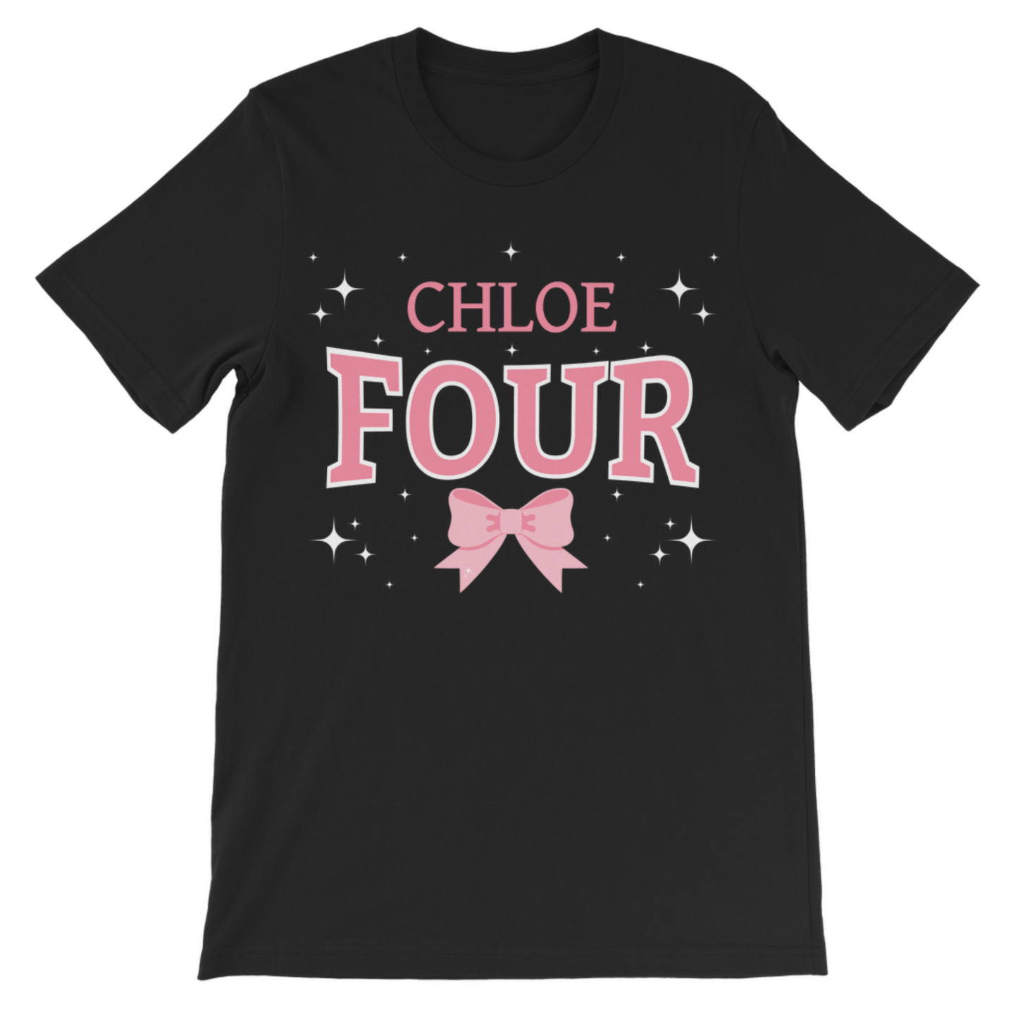 Girls short sleeved birthday t-shirt featuring a printed graphic of large text 'Four' pink and white and pink bow and stars with personalised name.