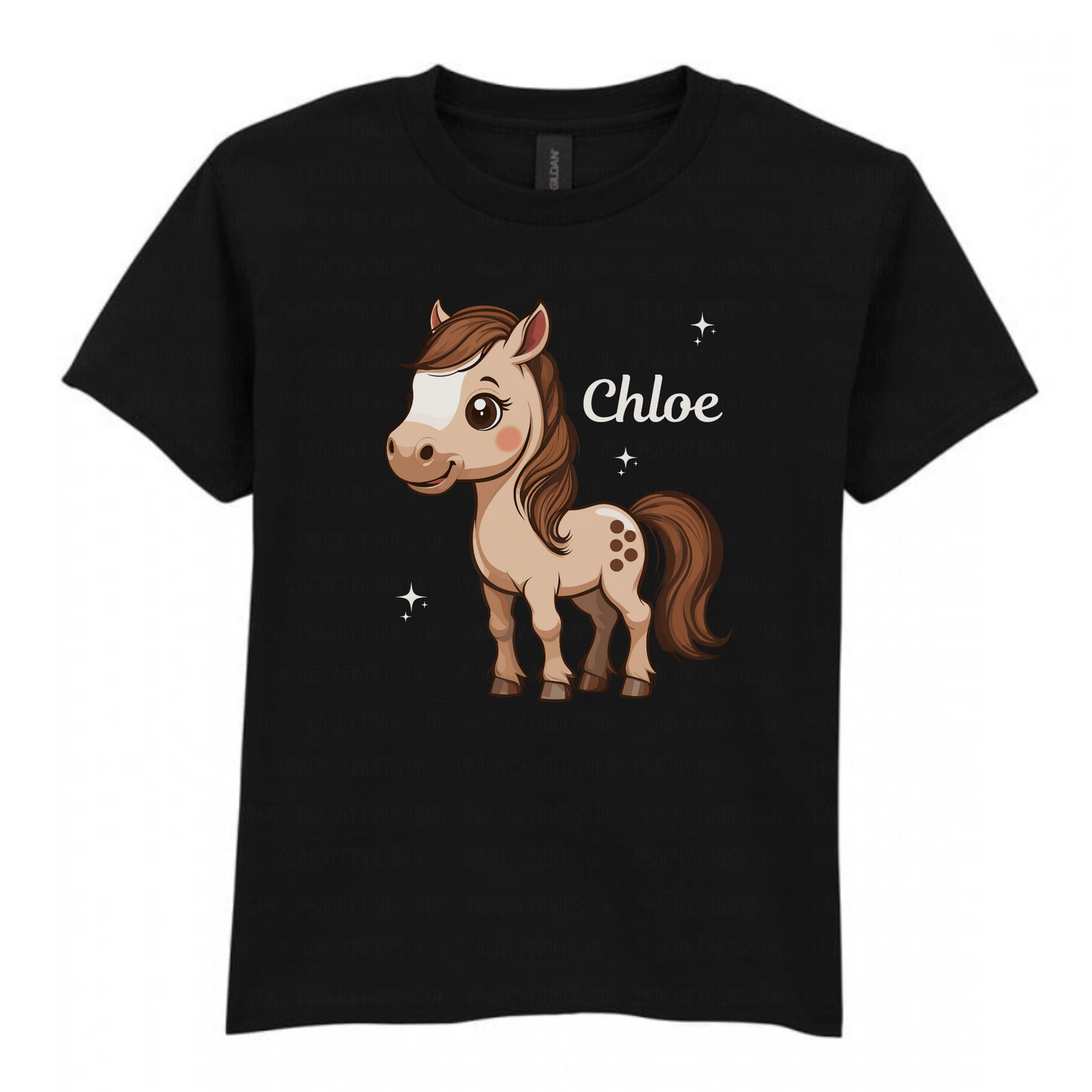Kids black t-shirt with personalised name and cute cartoon pony print for girls
