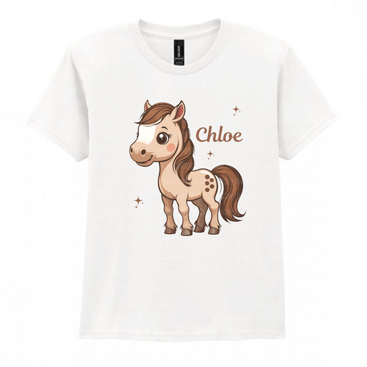Kids white t-shirt with personalised name and cute cartoon pony print for girls