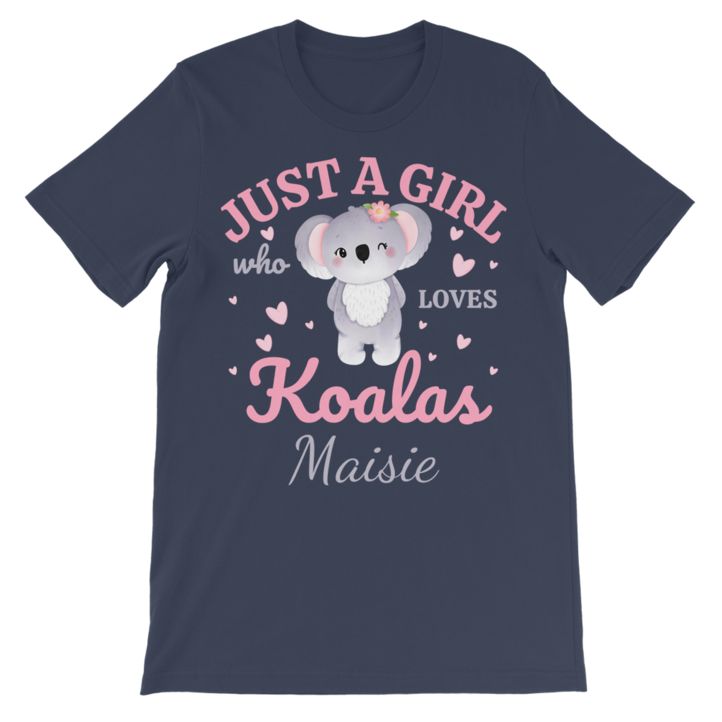 Navy kids T-shirt featuring a cute cartoon koala surrounded by pink hearts with the text “Just a Girl Who Loves Koalas” and personalised name “Maisie” underneath.