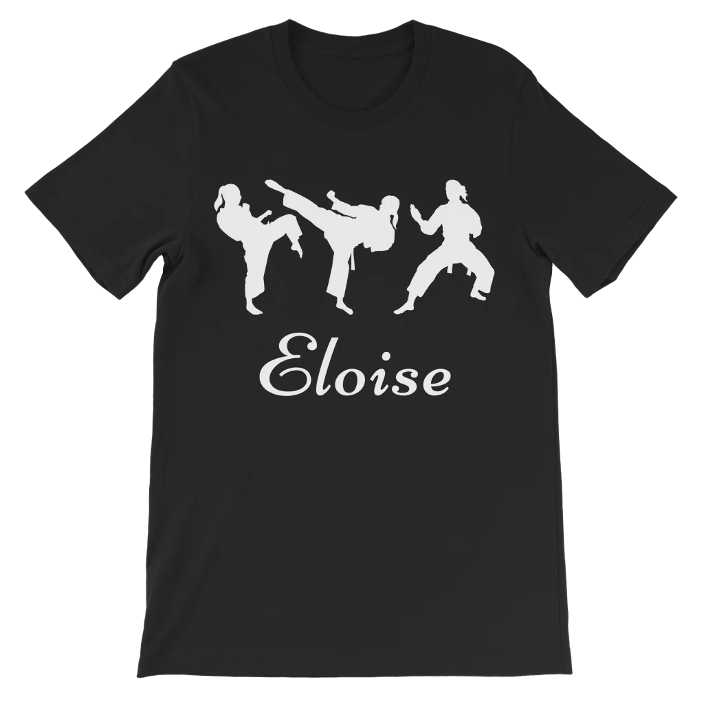 Personalised kids black karate t-shirt with white martial arts silhouettes and custom name Eloise