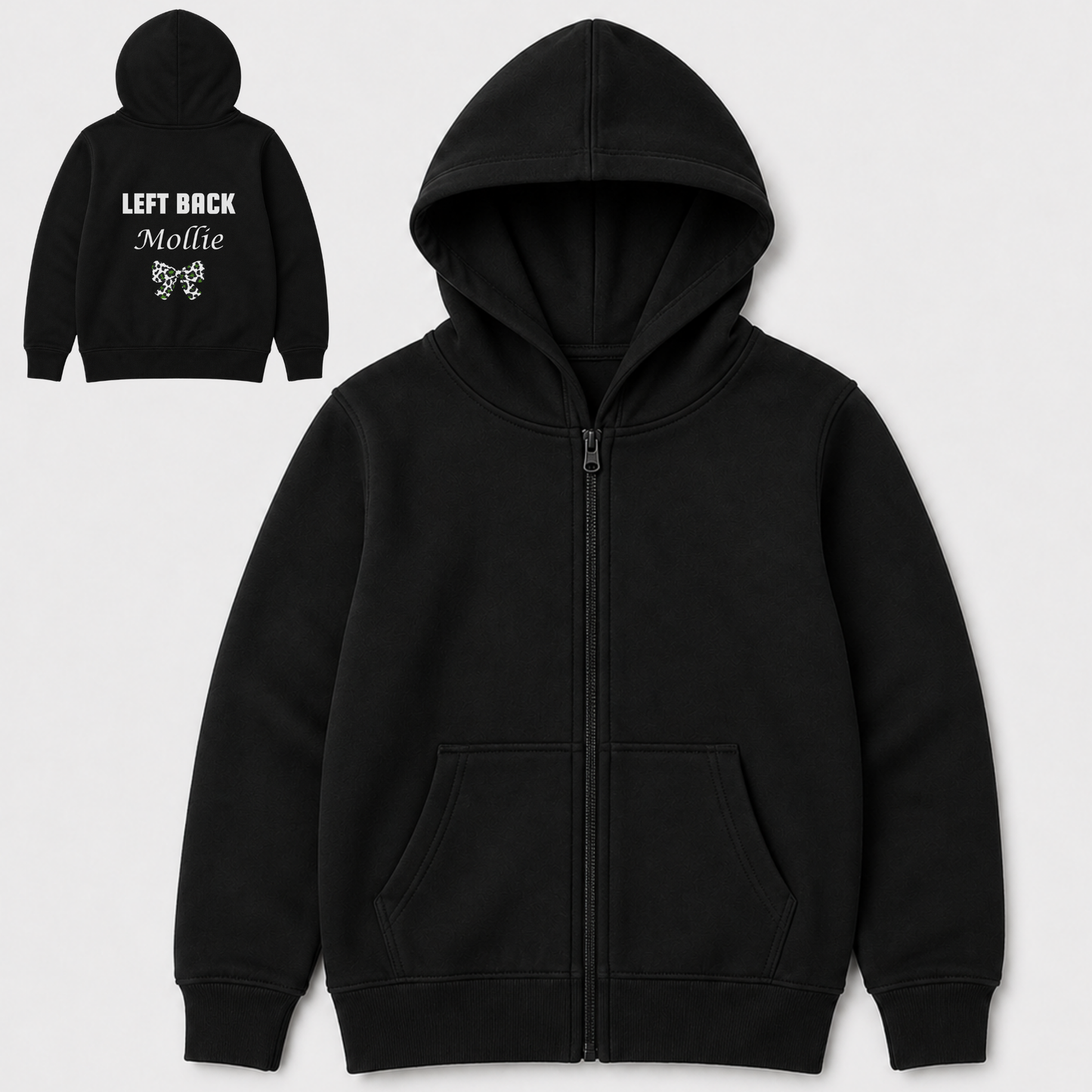 Girls football themed black full-zip hoodie shown from the front, with a smaller inset view in the upper left showing the back. The back has white text reading 'LEFT BACK' and custom name 'Mollie' underneath with small detailed bow
