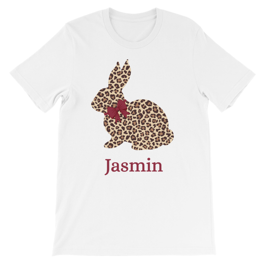 Girls personalised leopard print bunny rabbit T-shirt white flat lay custom name Jasmin