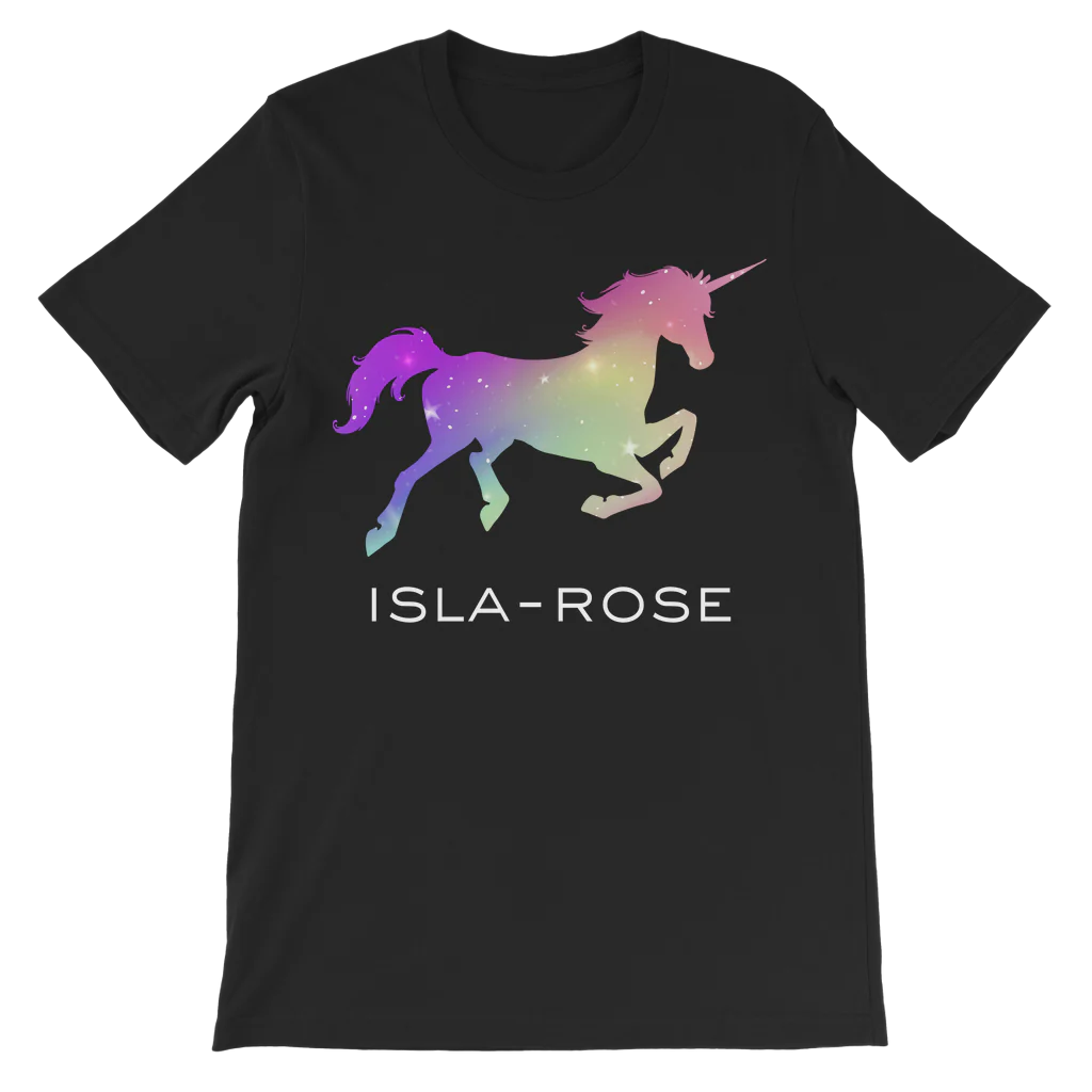 Girls black personalised T-shirt featuring a colourful ombre galloping unicorn and the name “Isla-Rose” printed in white below.