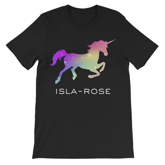 Girls black personalised T-shirt featuring a colourful ombre galloping unicorn and the name “Isla-Rose” printed in white below.