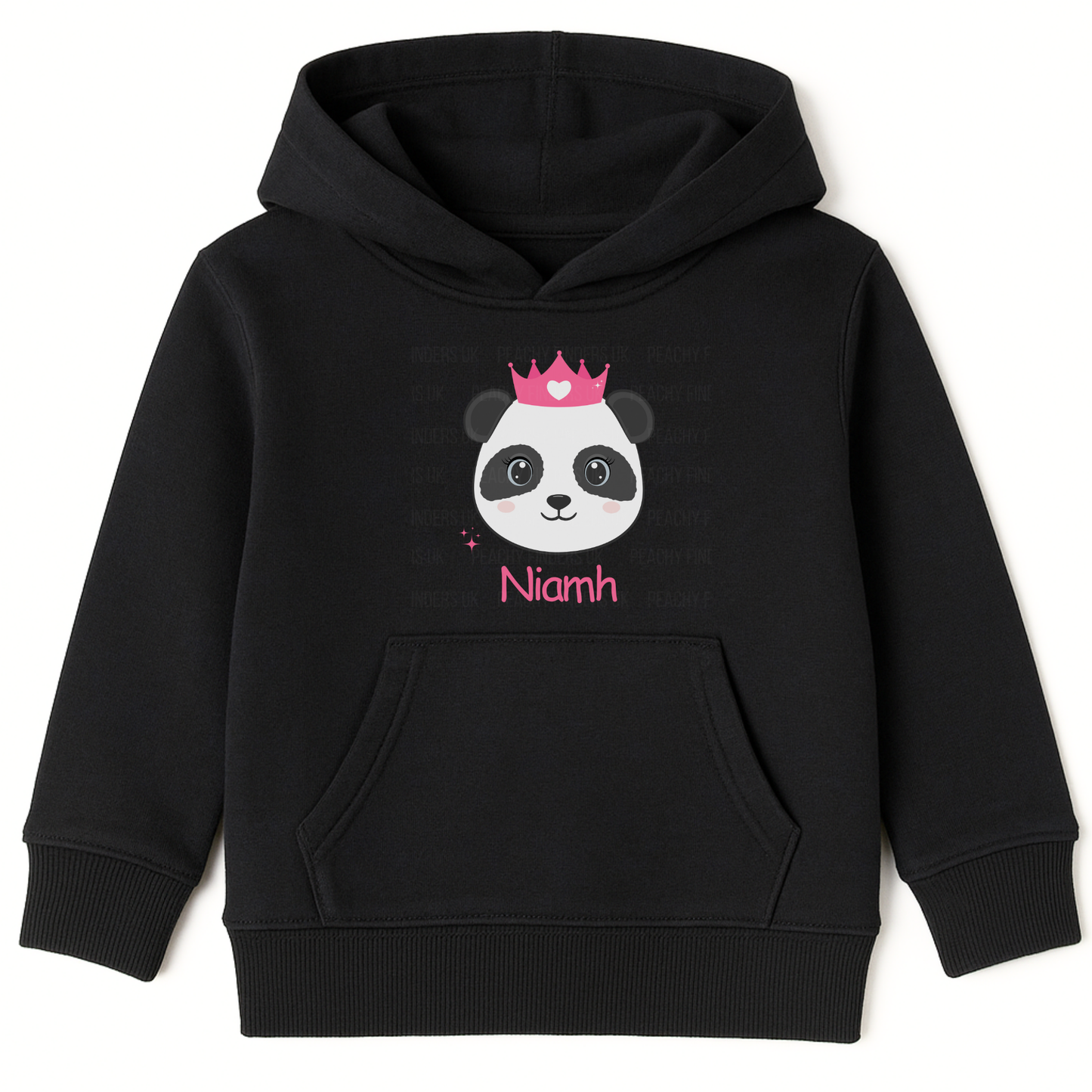 Black hoodie with a panda design and 'Niamh' text on a white background