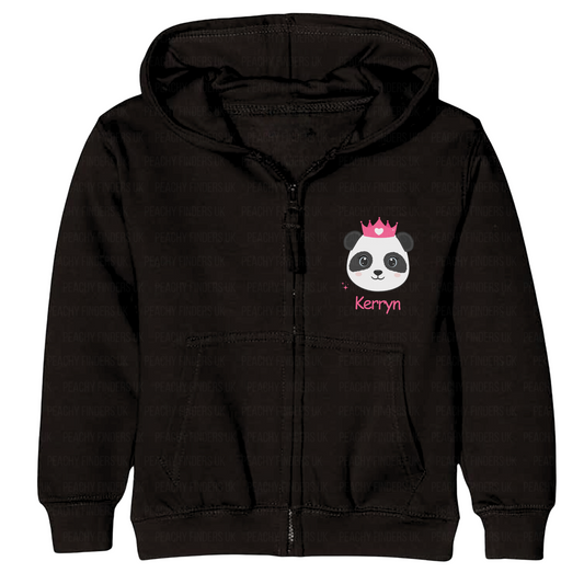 Black hoodie with a panda design and 'Kerryn' text on a white background