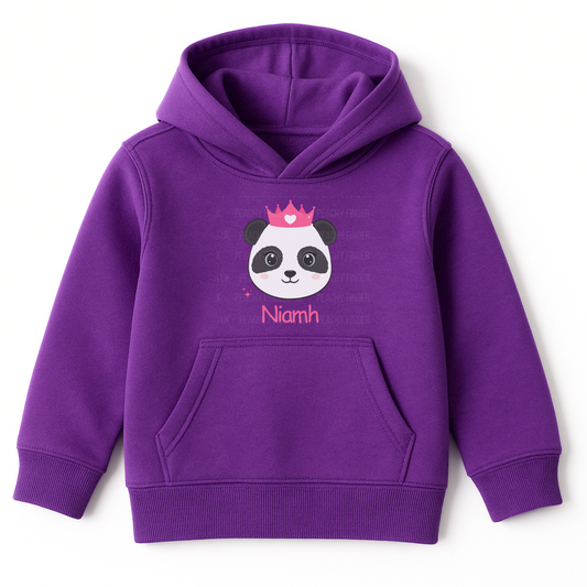 Purple hoodie with panda design and 'Niamh' text on a white background