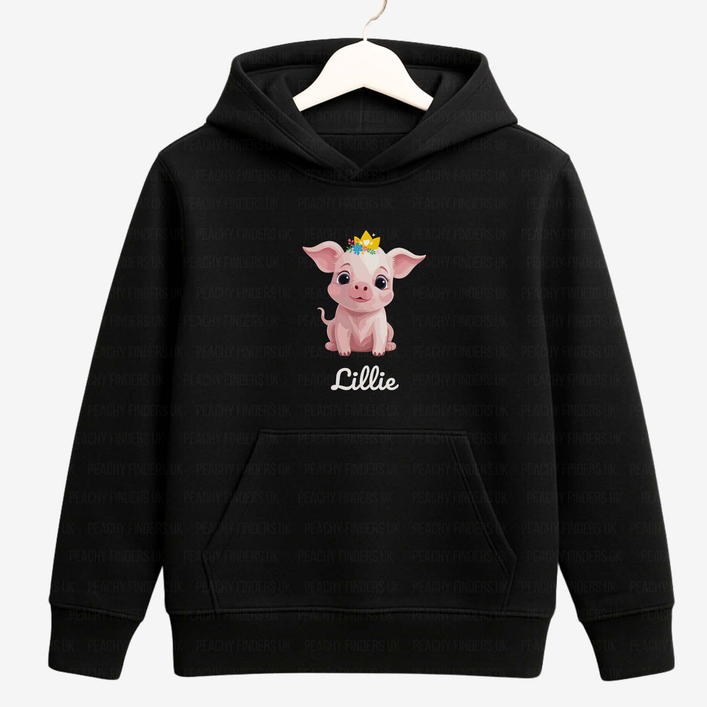 Black hoodie with a cartoon pig design and 'Lillie' text on a white background