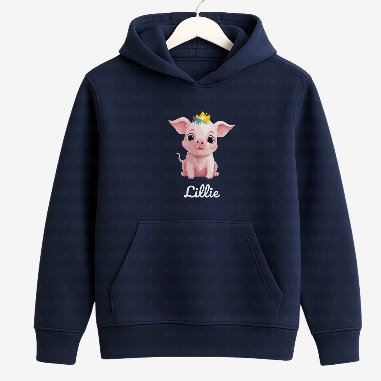 Navy blue hoodie with a pink pig graphic and 'Lillie' text on a white background