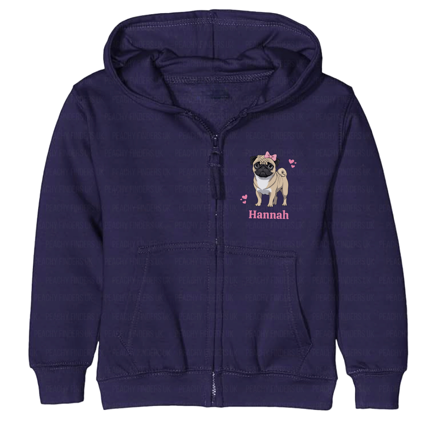 Girls navy zip hoodie with a pug design, featuring a name 'Hannah'.