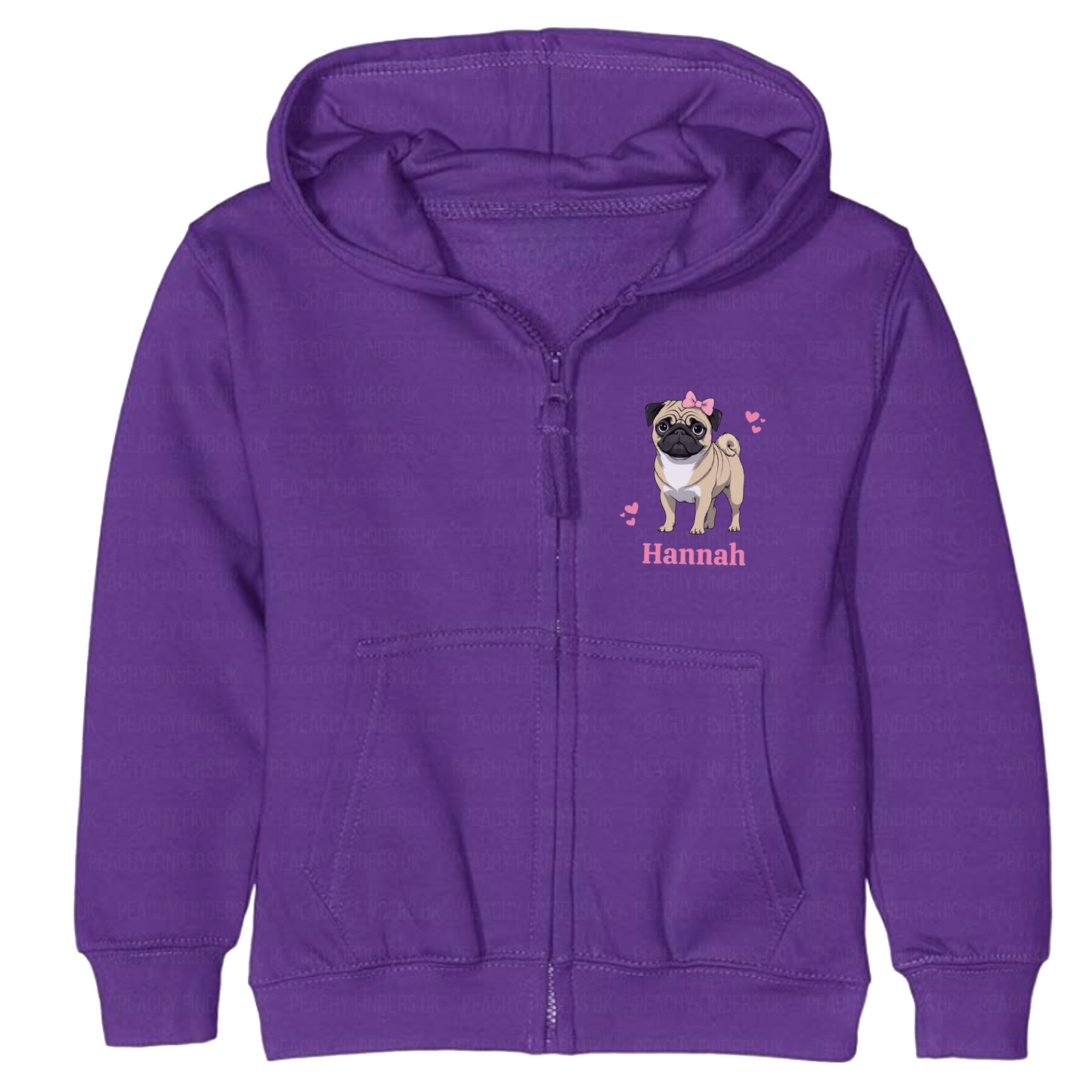 Girls purple zip hoodie with a pug design, featuring a name 'Hannah'.