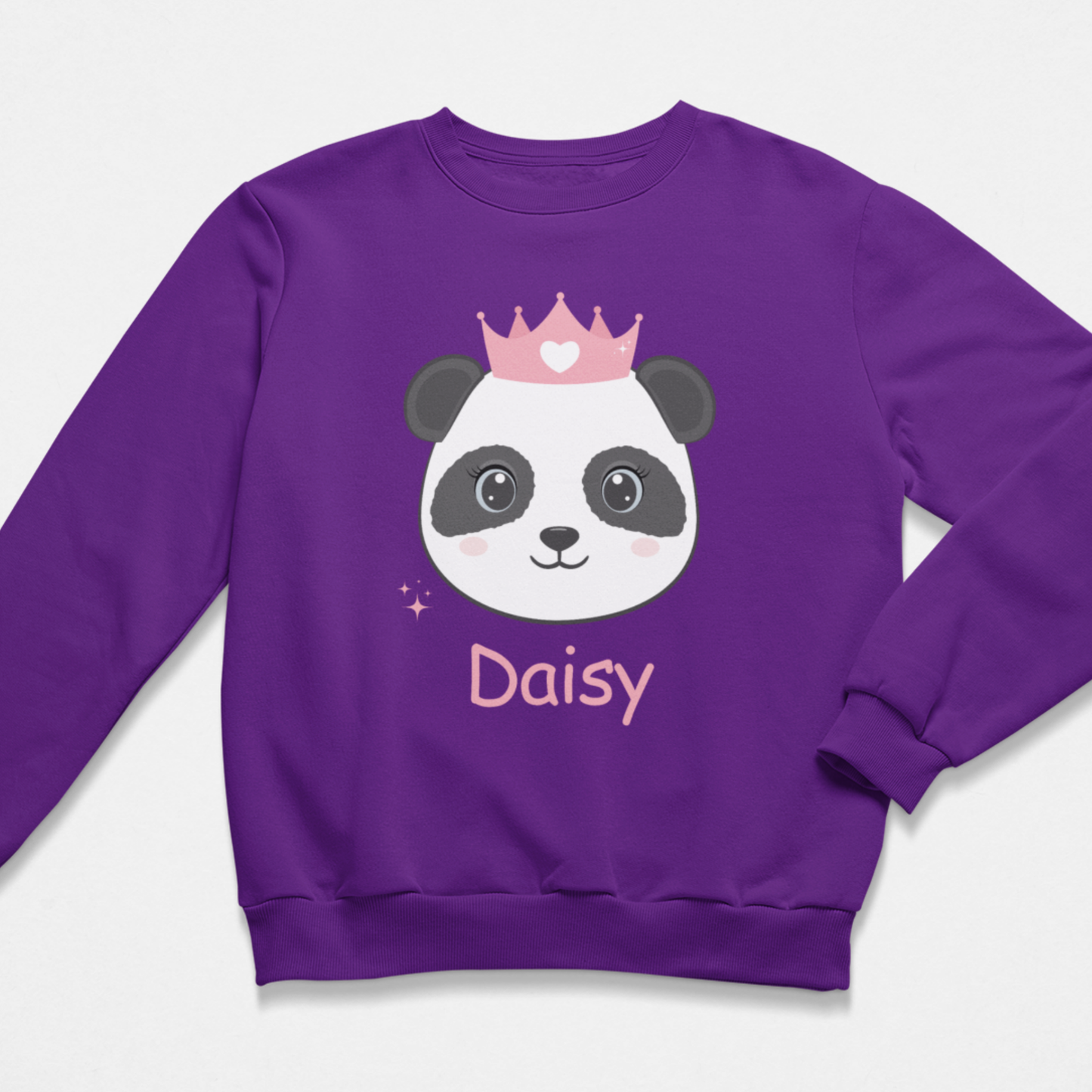 Purple sweatshirt with a panda wearing a pink crown and the name 'Daisy' on a white background