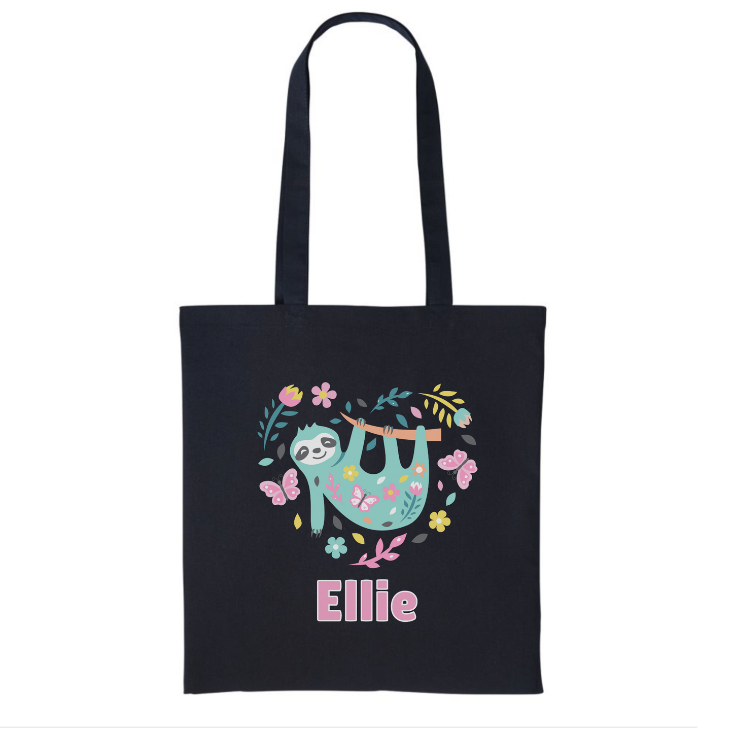 Kids black tote bag with long handle featuring a printed design of a colourful sloth, flowers, and butterflies in a heart shape.