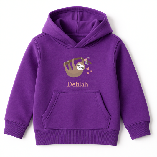 Purple personalised girls sloth hoodie with hanging sloth illustration and hearts