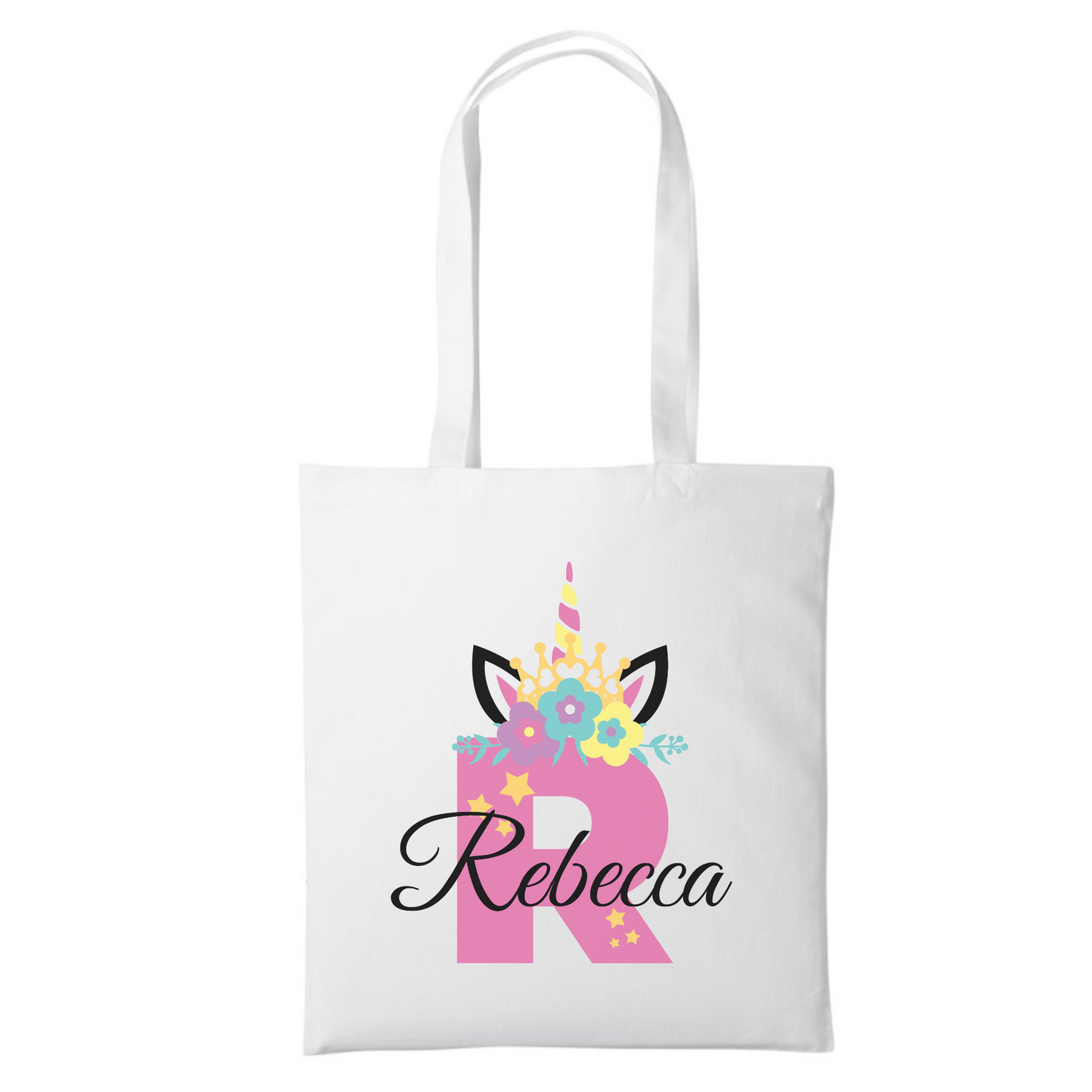White cotton tote bag featuring a pink letter “R” with a unicorn horn, pastel flowers, and black-tipped ears, personalised with the name “Rebecca” in elegant black script.