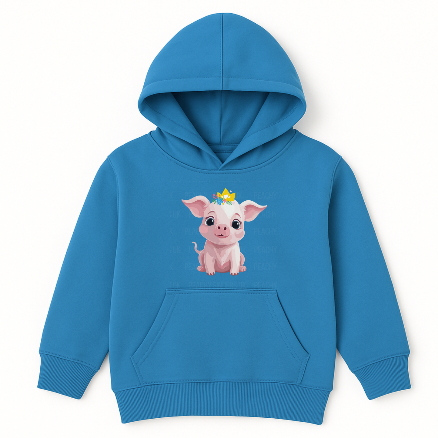 Girls sapphire blue pullover hoodie featuring a cute pink cartoon pig with a floral crown and golden tiara printed on the front, displayed on a white background.
