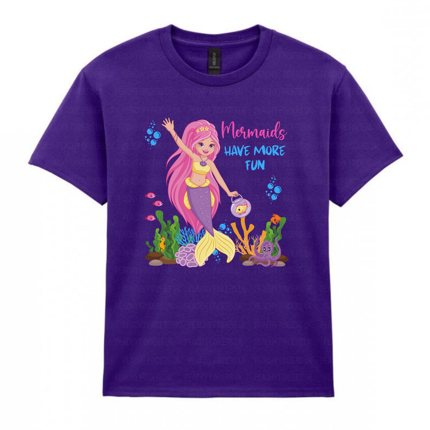 Girls purple t-shirt featuring a colourful mermaid design and the phrase “Mermaids Have More Fun,” surrounded by sea creatures and coral.