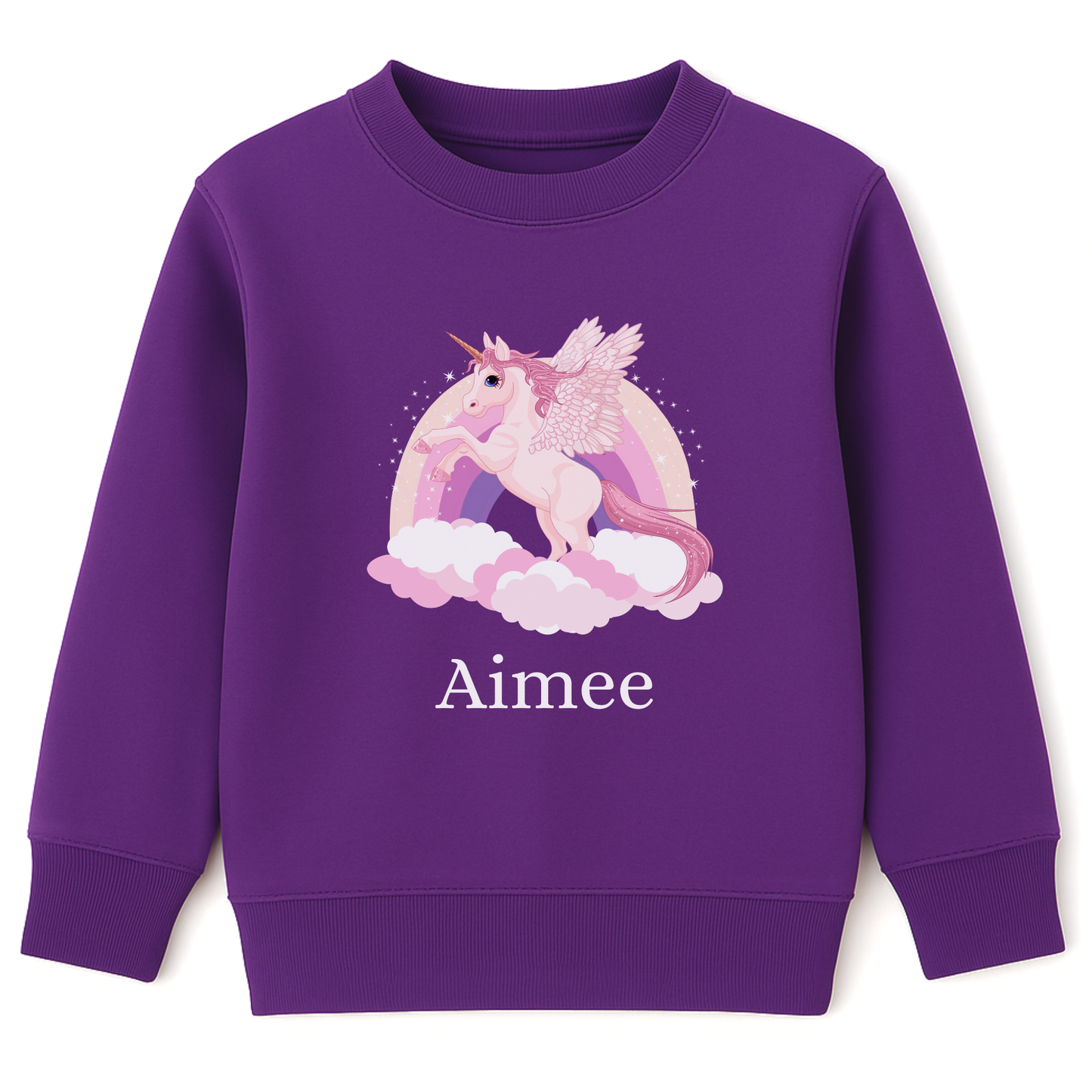 Girls purple sweatshirt featuring a pink unicorn with wings standing on fluffy clouds in front of a pastel rainbow. The design includes the custom name “Aimee” printed below the illustration.