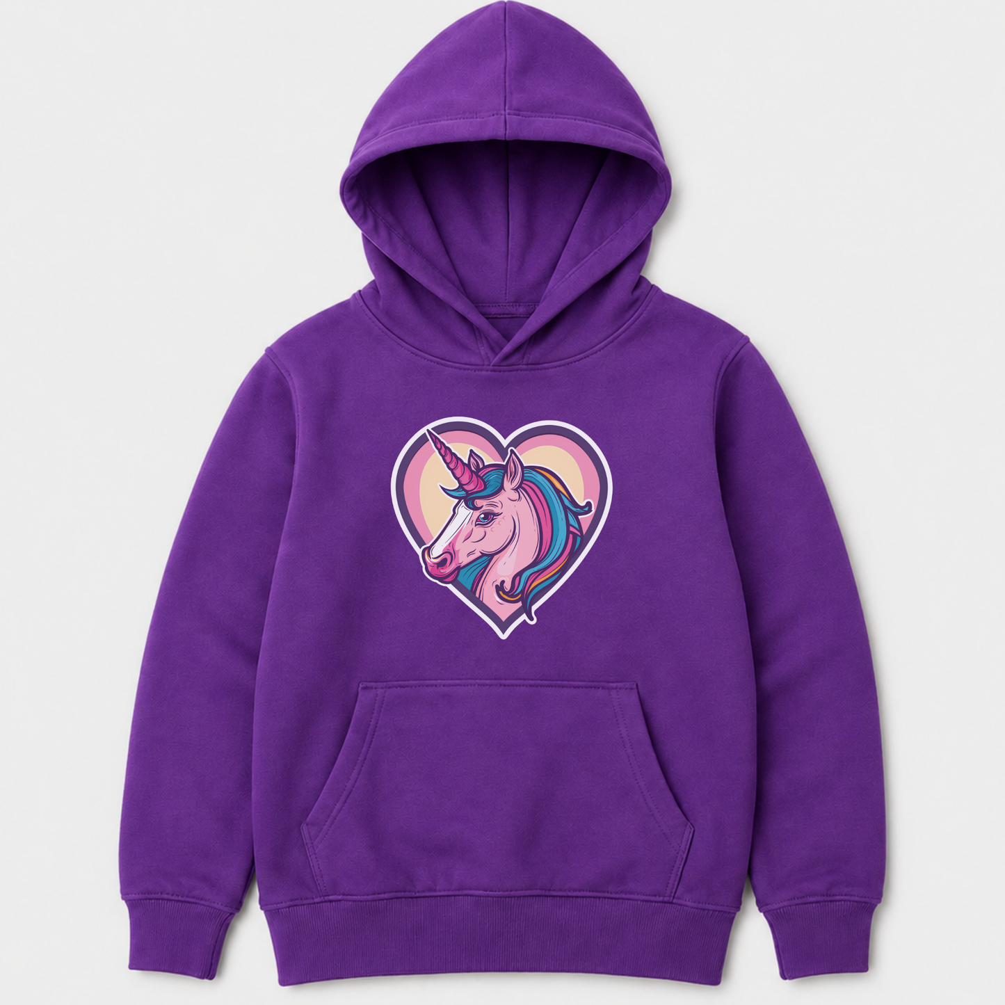 A purple kids pullover hoodie featuring a colorful graphic of a unicorn inside a heart on the chest, displayed against a light gray background.