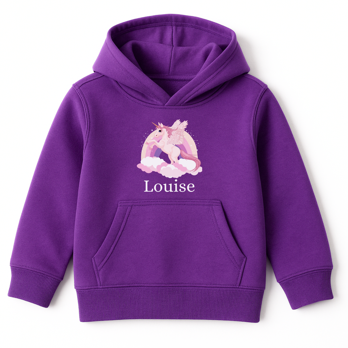 Girls purple hoodie with a pastel unicorn, rainbow, and clouds print above the custom name.