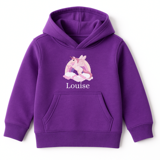 Girls purple hoodie with a pastel unicorn, rainbow, and clouds print above the custom name.