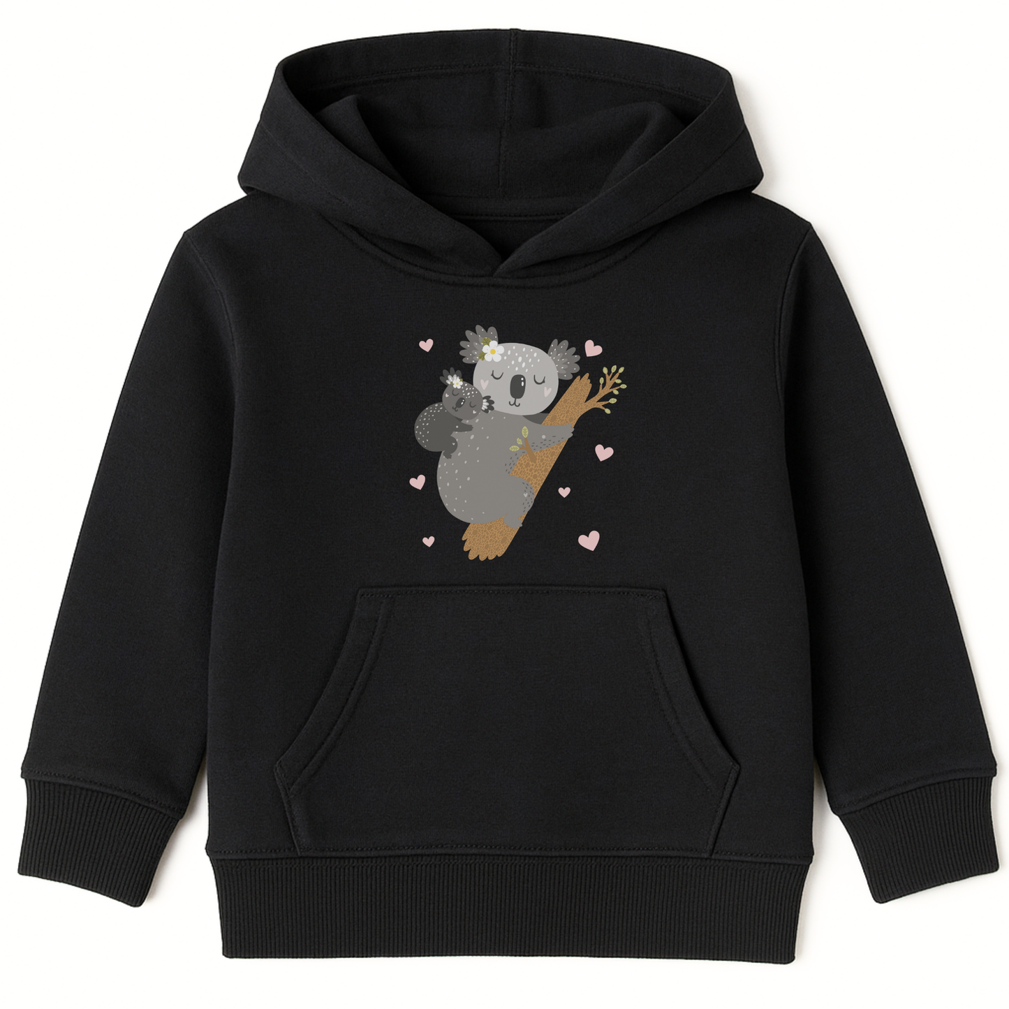 Kids black hoodie featuring an adorable illustration of a sleeping mother koala cuddling her baby on a tree branch, surrounded by small pink hearts.