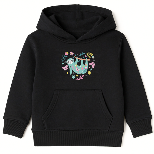 Kids black hoodie with a cute sloth hanging from a floral branch surrounded by butterflies and flowers forming a heart shape.